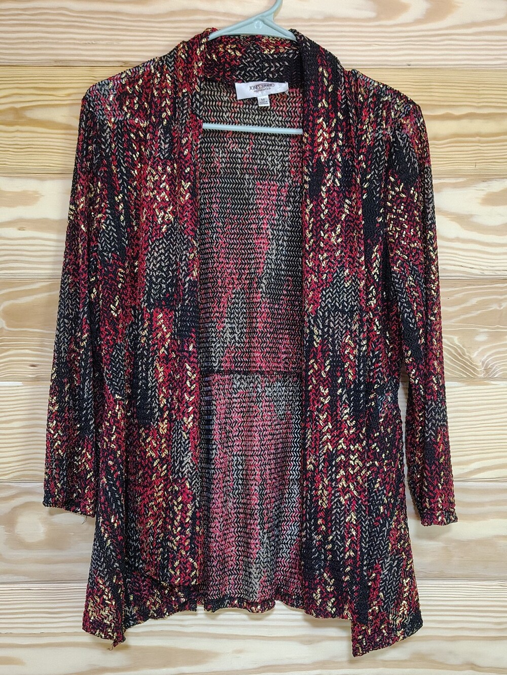 Open-Front/Knit Duster Cardigan M Red Black Gold Metallic Whimsigoth Party Chic